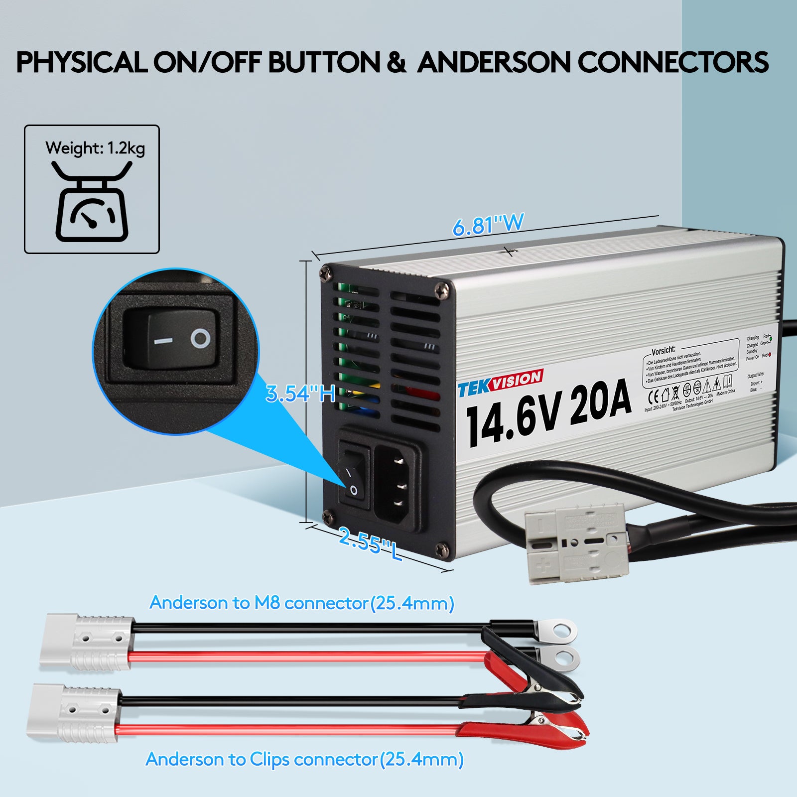 Tekvision LiFePO4 Ladegerät 12V 20A 14,6V 20A mit Fuse LFP Batterie Lithium Akku Charger (14,6V 20A)