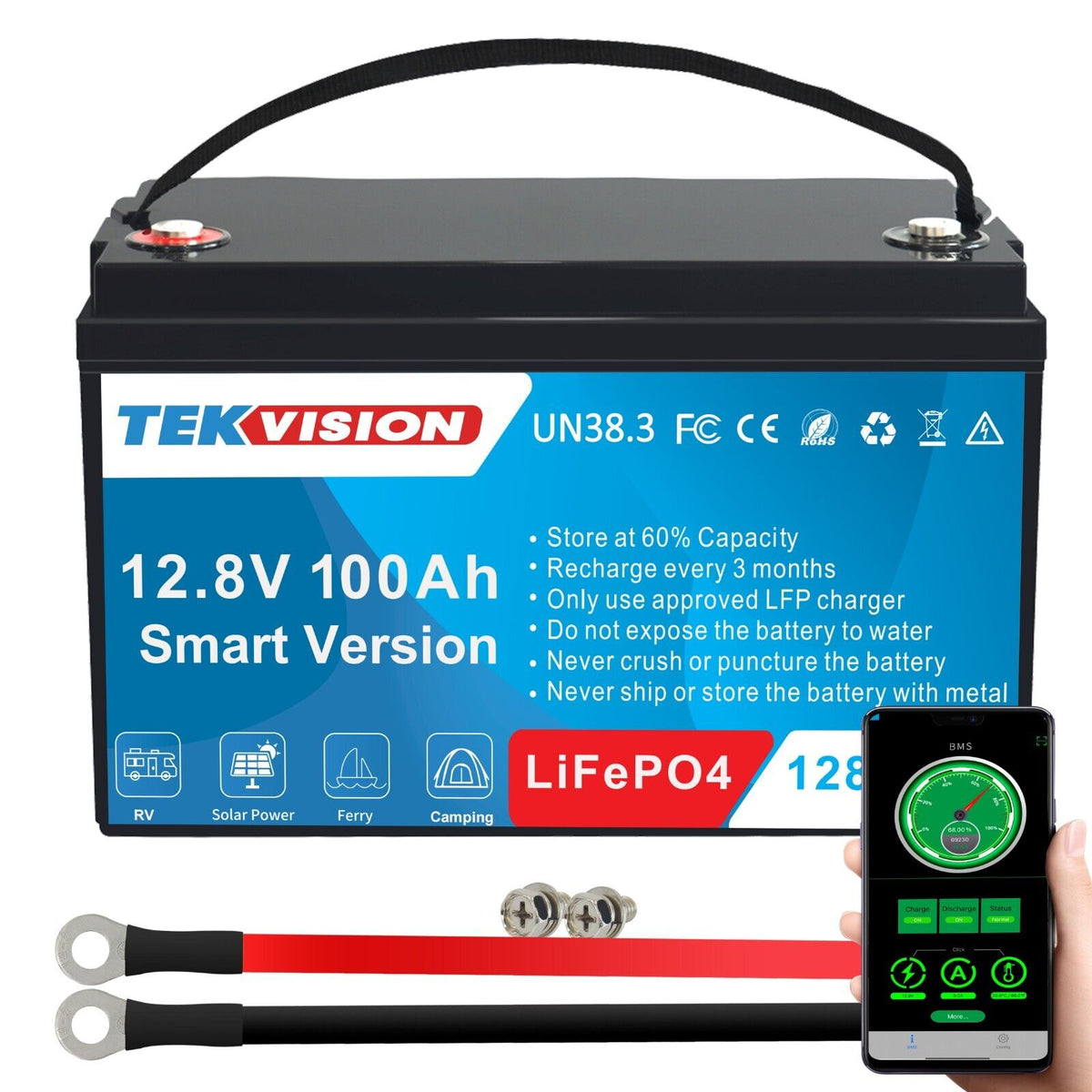 Tekvision LiFePo4 12V 100Ah Lithium Batterie Bluetooth Solarbatterie 19% MwSt.